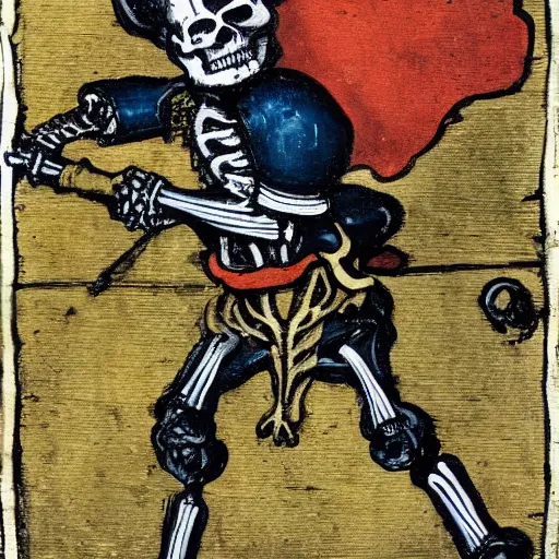 Image similar to skeleton in a colourful landsknechts uniform, wielding a sword, rennaissance painting