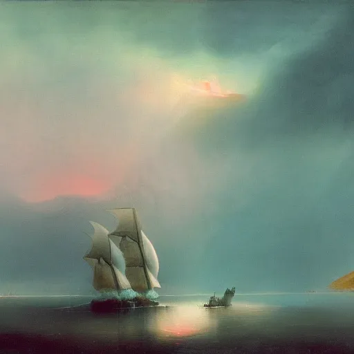 Image similar to minimalist symmetrical red clouds and green ocean in iceland fjord with tall futuristic zaha hadid sailboat painting by ivan aivazovsky