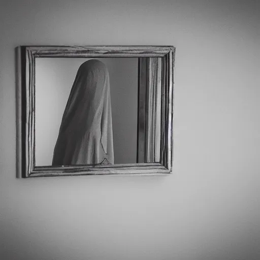 Image similar to a ghost looking in a mirror and seeing a different world