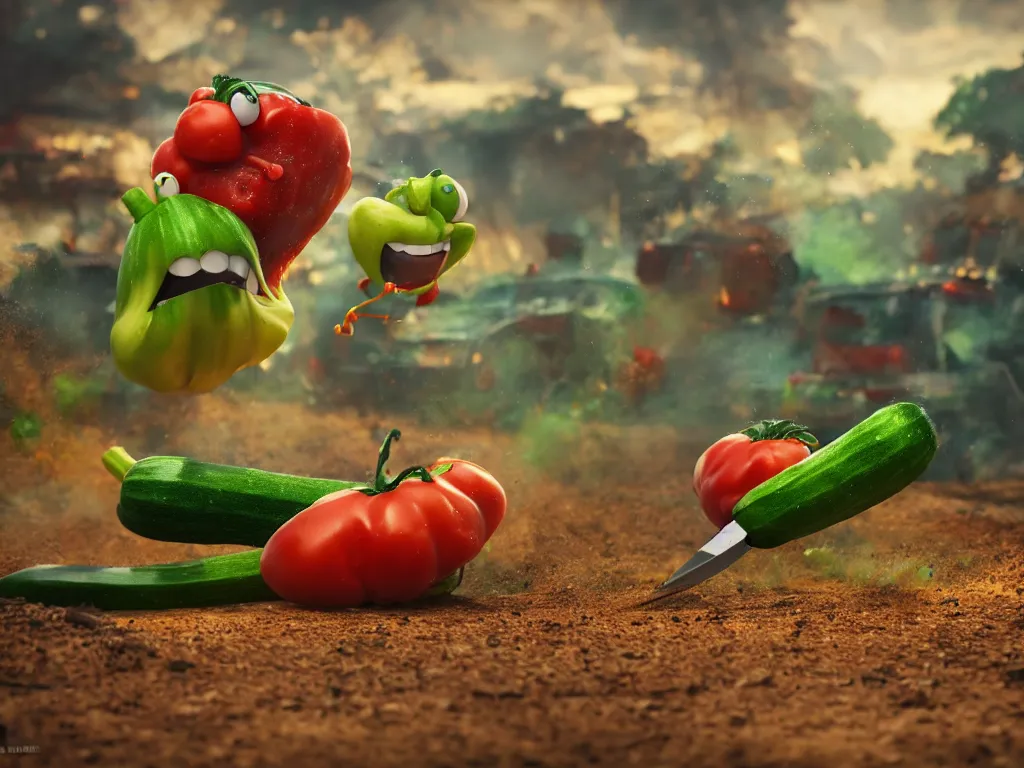 Image similar to detailed 3 d render of a raging zucchini character with burning scissors running on dirt road, scared tomates scattered everywhere, high speed action, explosions, dramatic scene, hyper realistic octane render, cinematic lighting, splatter, deviantart, black sky, lowbrow, frame from pixar movie