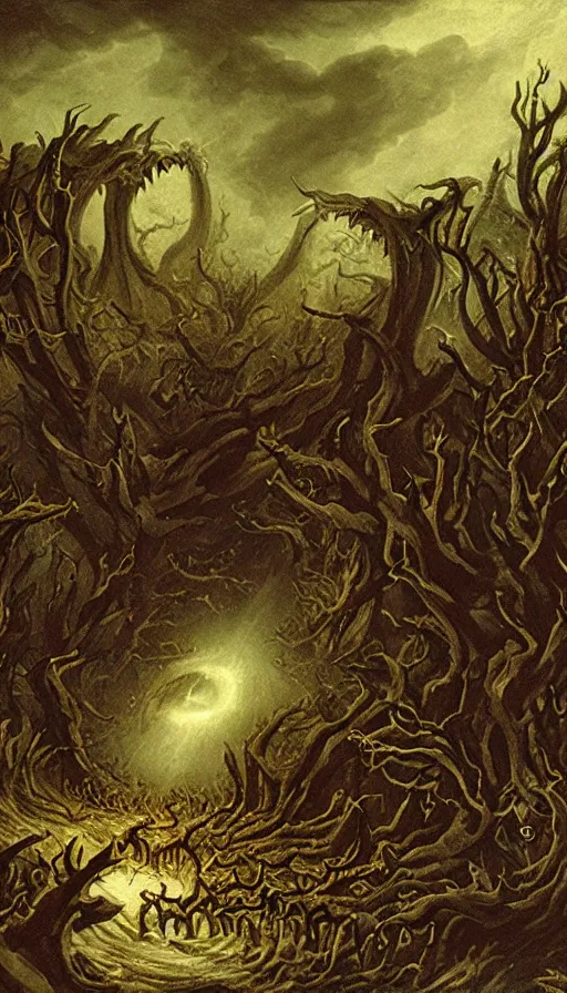 Prompt: a storm vortex made of many demonic eyes and teeth over a forest, by andre francois