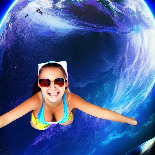 Image similar to 4 k photo of girl in bikini flying in space, background in space