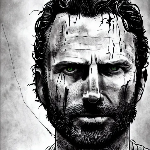 Image similar to rick grimes line art, the walking dead, zombie, head and shoulders shot, fantasy, medieval, vivid colors, elegant, concept art, sharp focus, digital art, Hyper-realistic, 4K, Unreal Engine, Highly Detailed, HD, Dramatic Lighting by Brom, trending on Artstation