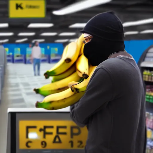 Image similar to a masked man at a self checkout stealing a banana, trending on artstation, depth field, unreal engine, cinematic, hyper realism, high detail, 8 k