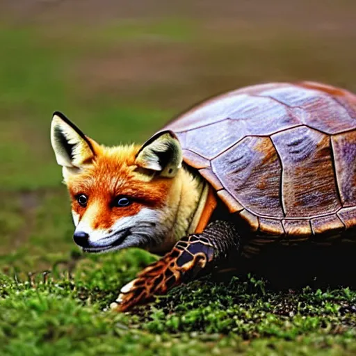 Prompt: a turtle that looks like a fox, a fox turtle hybrid