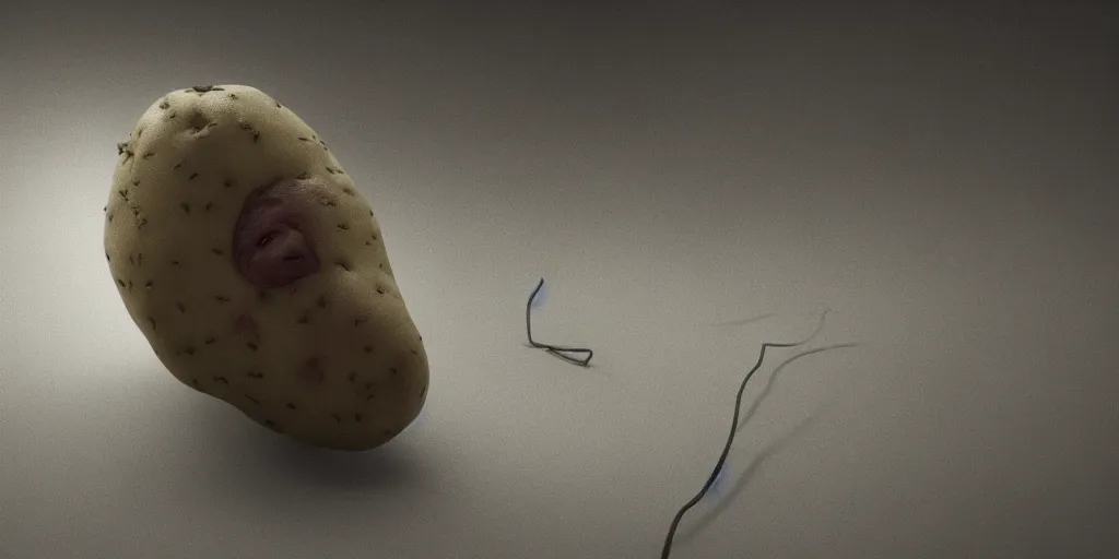 Prompt: potato, horror, dark cinematic, volumetric, realistic, 3d render, Realistic Render, Cinematic lighting, Volumetric lighting, atmospheric, cinematic, unreal engine, unreal engine render, octane render, HD, photorealism, hyper realistic, photo, 8K, in the style of Chris Cunnigham, by Wes Anderson