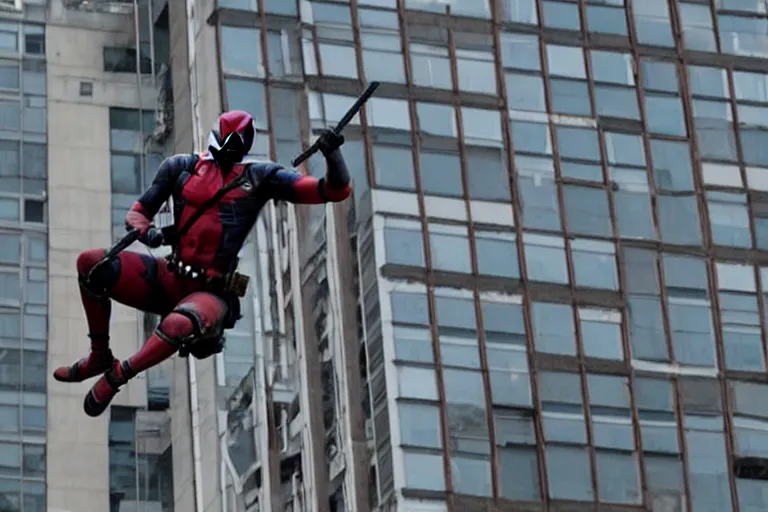 Image similar to 85mm Deadpool jumps off helicopter and smashes through high rise window by Emmanuel Lubezki