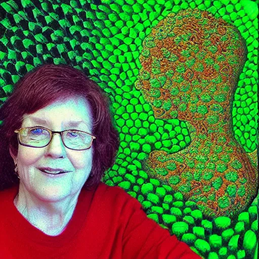 Image similar to “Margaret Stewart and her leprechaun get stuck in a fractal vortex. Pointillism”