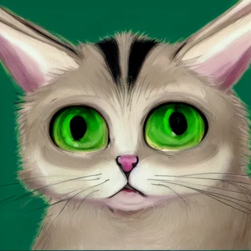 Image similar to a cute mix between a rabbit and a cat, beige, big green eyes, cute, concept art style