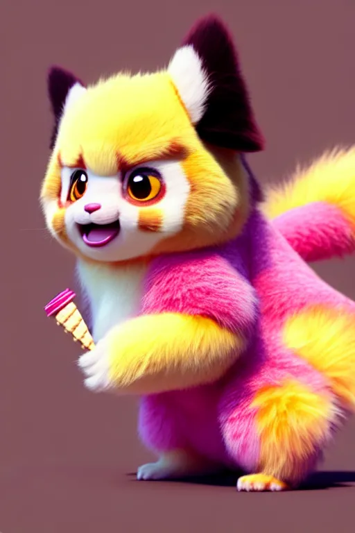 Image similar to high quality 3 d render hyperrealist very cute pastel fluffy! grumpy dragon red panda hybrid eating giant ice cream full body, vray smooth, in the style of detective pikachu, hannah yata charlie immer, dramatic pink light, low angle, uhd 8 k, sharp focus