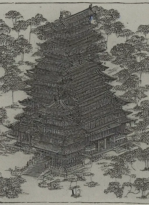 Image similar to bamboo temple by Leonardo de Vinci, isometric