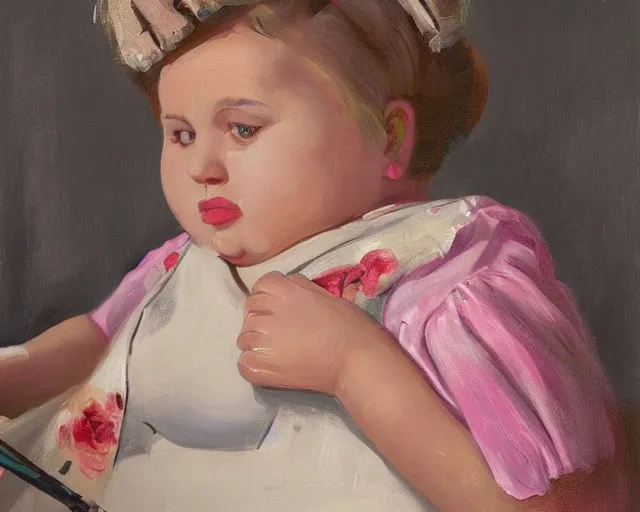 Image similar to very stylized old photo portrait of a fat sweet little girl painting a house on the wall, full body. long shot. beautiful hands, flowery cloth. subsurface scattering shiny skin. beautiful lighting, 4 k post - processing, trending in art station, cg society, highly detailed, 5 k extremely detailed, 3 d. cinematic scene. sharp details. bokeh