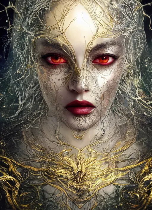 Image similar to glowing silver and golden elements, full close-up portrait, dark witch from shutterstock, book cover, green forest, white moon, red lips, establishing shot, extremly high detail, photo-realistic, cinematic lighting, pen and ink, intricate line drawings, by Yoshitaka Amano, Ruan Jia, Kentaro Miura, Artgerm, post processed, concept art, artstation, matte painting, style by eddie mendoza, raphael lacoste, alex ross