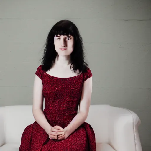 Prompt: portrait of pale 16 years old girl in red dress. She has short black hairs