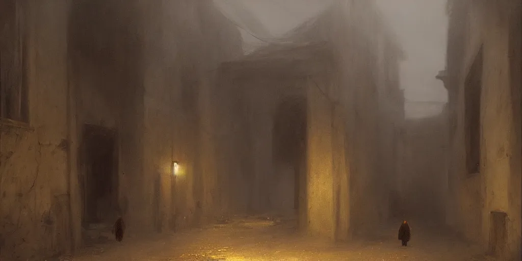 Prompt: a cloaked coffin maker walking through an dim abandoned street john howe and henry ossawa tanner, Trending on artstation, dimly lit