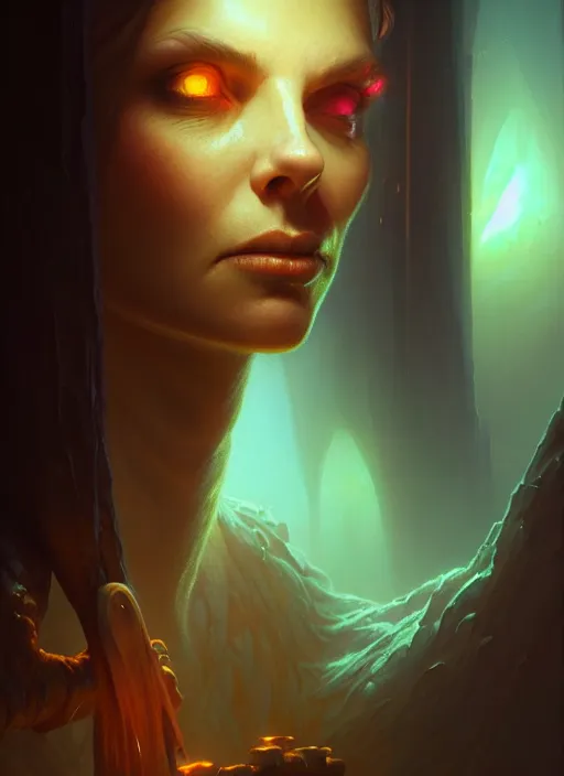 Image similar to closeup realistic portrait of a female necromancer, backlit, oil painting, concept art, filip hodas, john howe, mike winkelmann, jessica rossier, andreas rocha, bruce pennington, albert bierstadt, peter mohrbacher, donato giancola, joseph christian leyendecker, wlop, boris vallejo