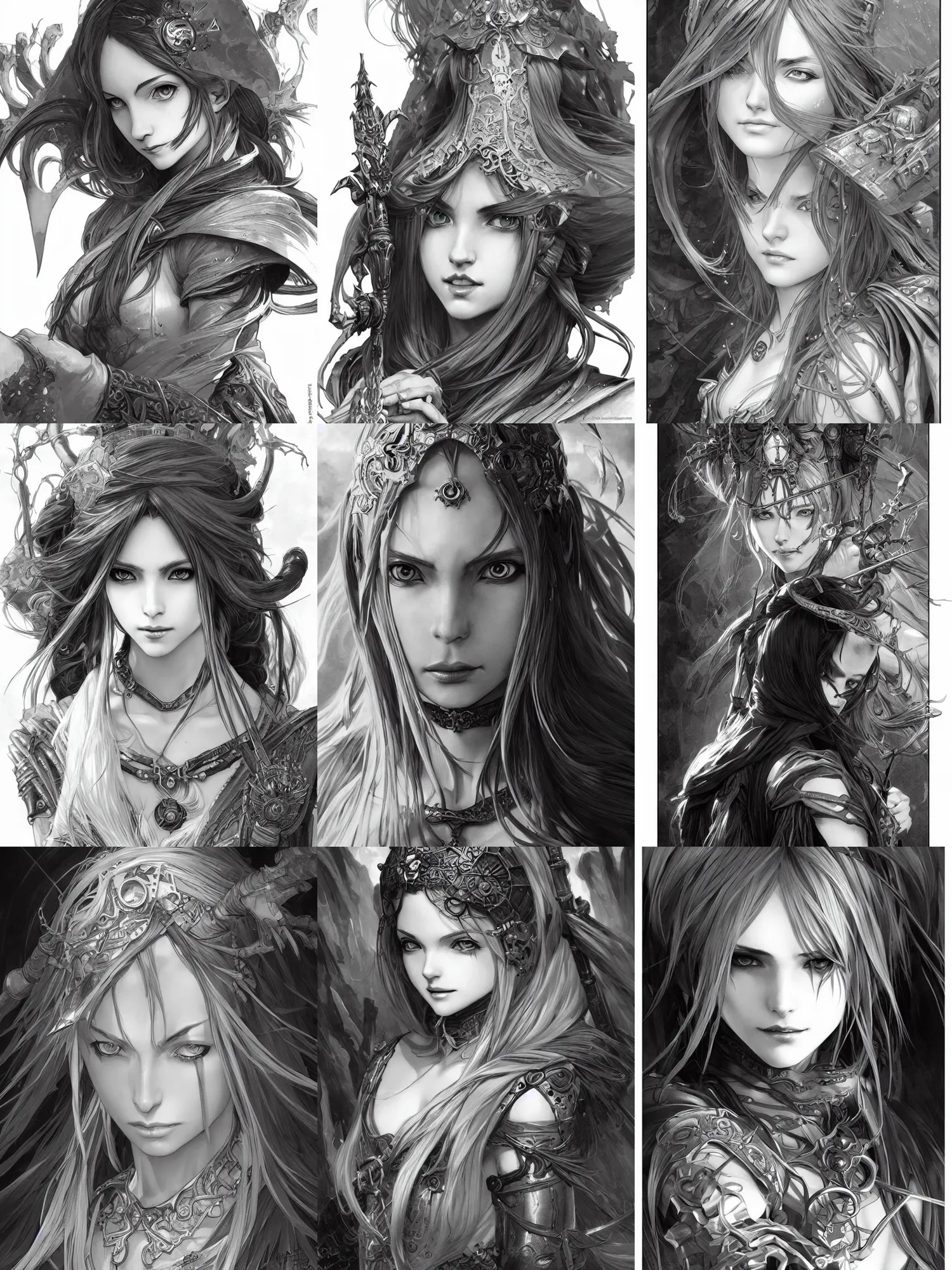 Prompt: magitek sorceress, dnd, highly detailed, detailed face, grayscale, manga illustration, black and white, by artgerm, greg rutkowski, alphonse mucha