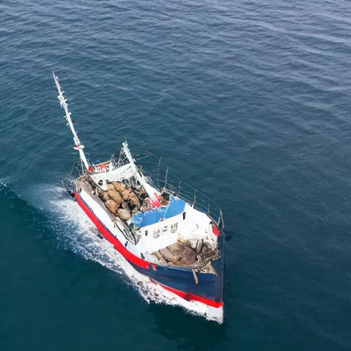 Image similar to realistic aerial drone shot of British fishing trawler