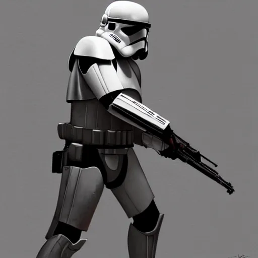 Image similar to an extremely long shot of an imperial stormtrooper in battle position ready to shoot his blaster concept art by Doug Chiang cinematic, realistic painting, high definition, very detailed, extremely high detail, photo realistic, concept art, the Mandalorian concept art style