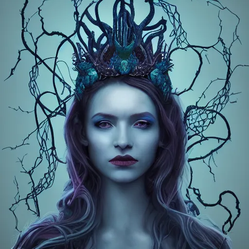 Image similar to dynamic portrait of the dark queen of snakes wearing a crown of vines, blue skin, realism, dark fantasy illustration, surrounded by snakes in a dead forest, dramatic lighting, octane render, artstation