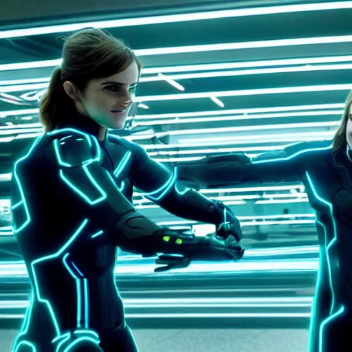 Prompt: emma watson and jack black in the movie tron legacy ( 2 0 1 0 ), cinematic, film still