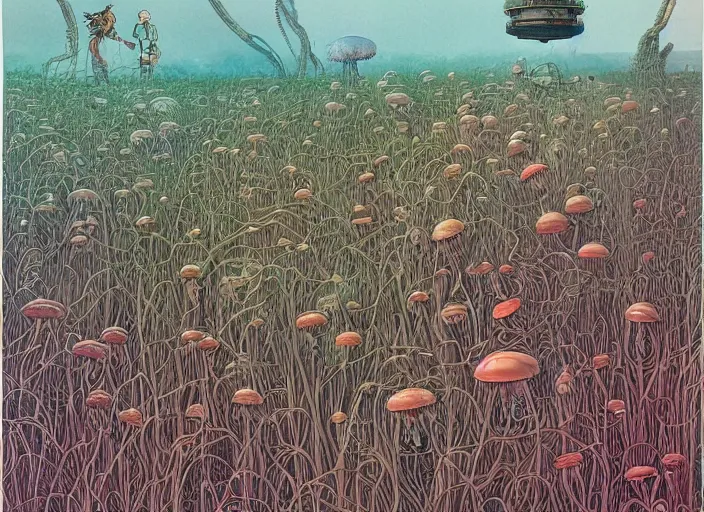 Prompt: a lot of jellyfish and coral reefs + poison toxic mushrooms surrounded by cables + long grass + broken droid + garden dwarf + mystic fog, no - shadow, 7 0's vintage sci - fi style, by moebius, kim jung gi, hyperrealism, rule of third!!!!, superfine detailed, top view