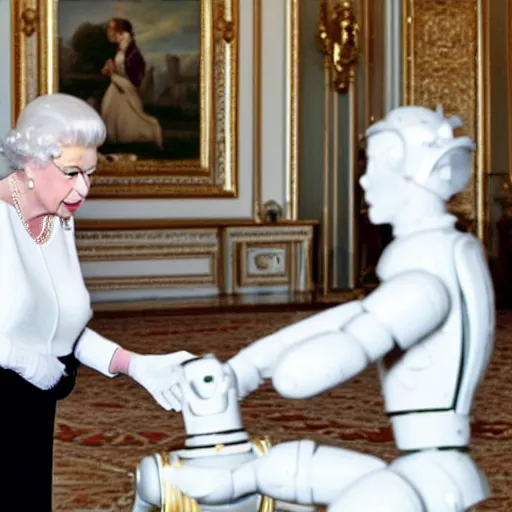 Image similar to Queen Elizabeth playing with a android white robot in the Buckingham palace