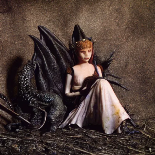 Image similar to beautiful human princess in burned clothes rests after slaying an enormous dragon, highly detailed, 16mm, color film photography