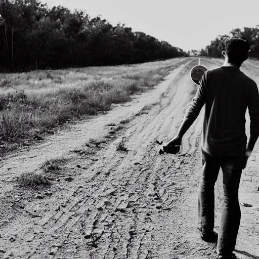 Image similar to man holding a guitar by its neck walking down a dirt road with his back to the camera. low camera angle, greyscale, album cover