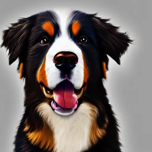 Image similar to portrait of a cute bernese dog, art by elke vogelsang, 8 k ultra realistic, trending on artstation, 4 k, hyperrealistic, focused, extreme details, unreal engine 5, cinematic, masterpiece