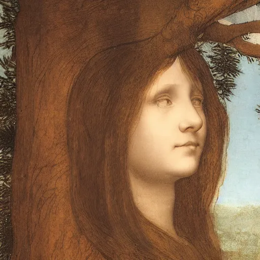 Image similar to girl with long hair sits in a tree by davinci