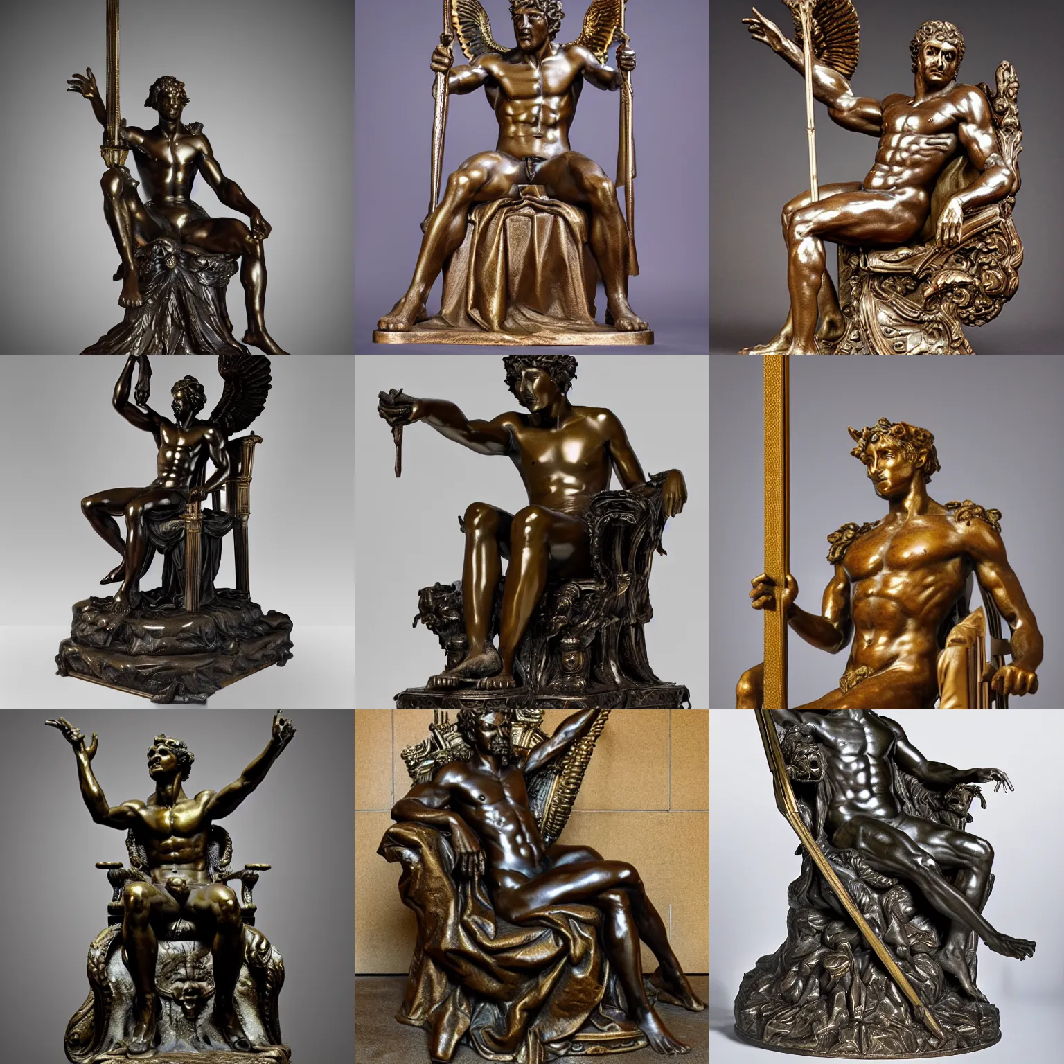 Prompt: bronze sculpture of the ruler of the tartarus, neo - classical style, very detailed, masterful, sitting on a throne, professional photography, imposing and dominating