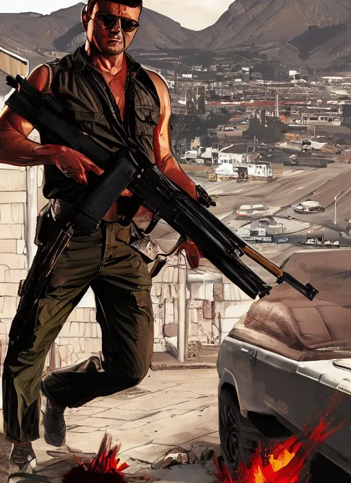 Image similar to rambo going on a killing spree in gta v, cover art by stephen bliss, artstation