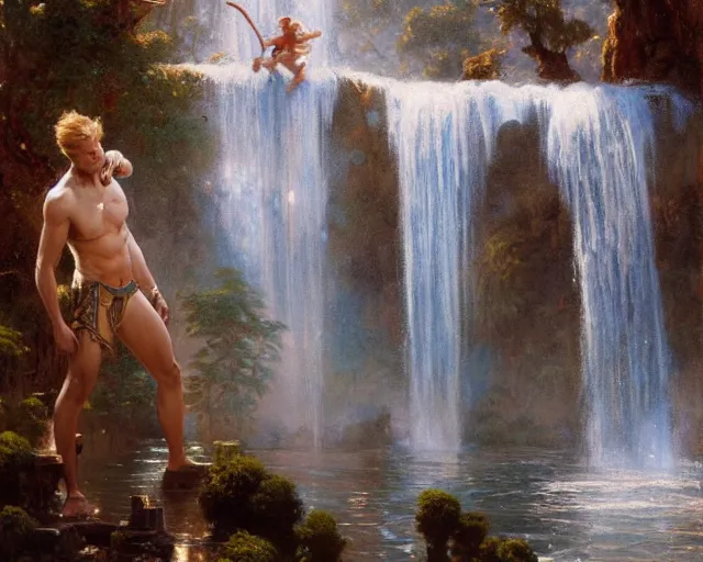 Prompt: attractive male wizard casting time magic, stopping water from a waterfall. highly detailed painting by gaston bussiere, craig mullins, j. c. leyendecker 8 k