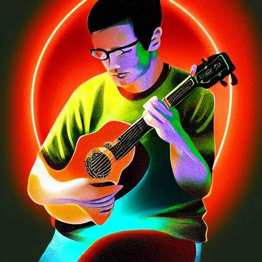 Image similar to a Jake Shimabakuro ukelele guitarist playing so intensely there is electricity shooting out from his guitar, energy beams under his finger tips, and magic sparkles from the freboard, amazing ditial art, trending on artstation, featured on deviantart