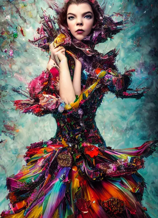 Prompt: expressive full body photo of anya taylor - joy, dress made of candies, glamour shot, by karol bak, stefan gesell, photorealistic, nikon d 4 x, fashion photography, hyper maximalist, elegant, ornate, luxury, elite, environmental portrait, symmetrical features, octane render, unreal engine, solid dark grey background, dramatic lights