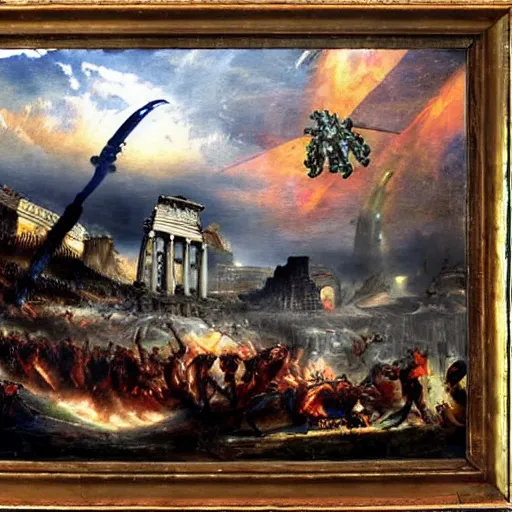 Image similar to alien invasion, fall of rome, epic painting