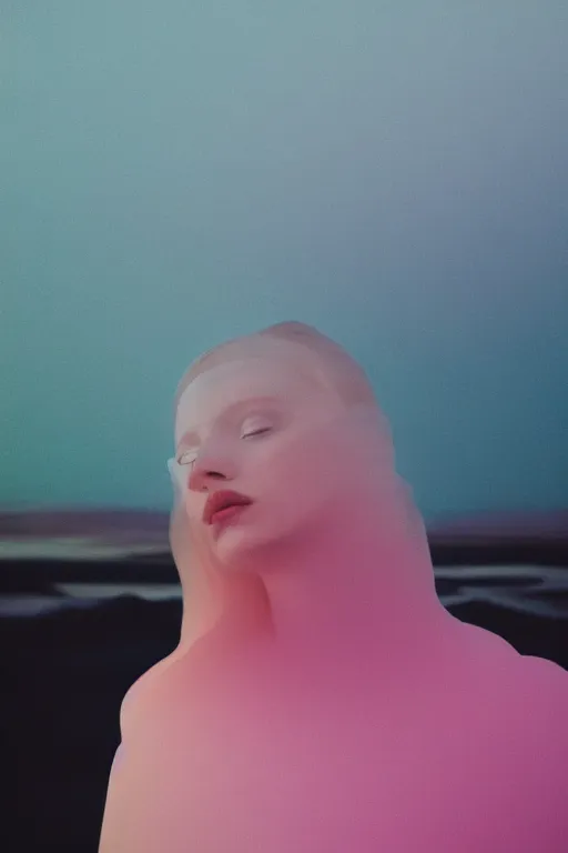 Image similar to high quality pastel coloured film close up wide angle photograph of a model wearing clothing resting on cloud furniture in a icelandic black rock!! environment in a partially haze filled dreamstate world. three point light, rainbow. photographic production. art directed. pastel colours. volumetric clouds. pastel gradient overlay. waves glitch artefacts. extreme facial clarity. 8 k. filmic.