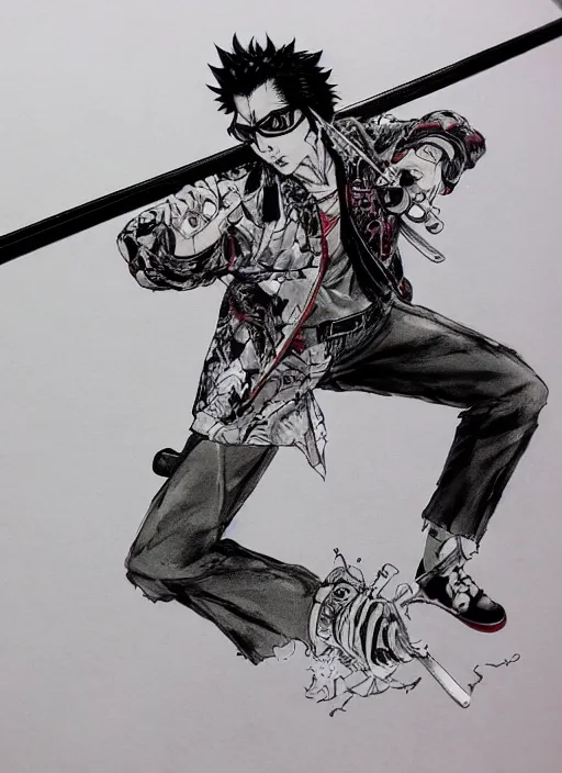 Prompt: travis touchdown swinging a beam katana, by takehiko inoue and kim jung gi, masterpiece ink illustration