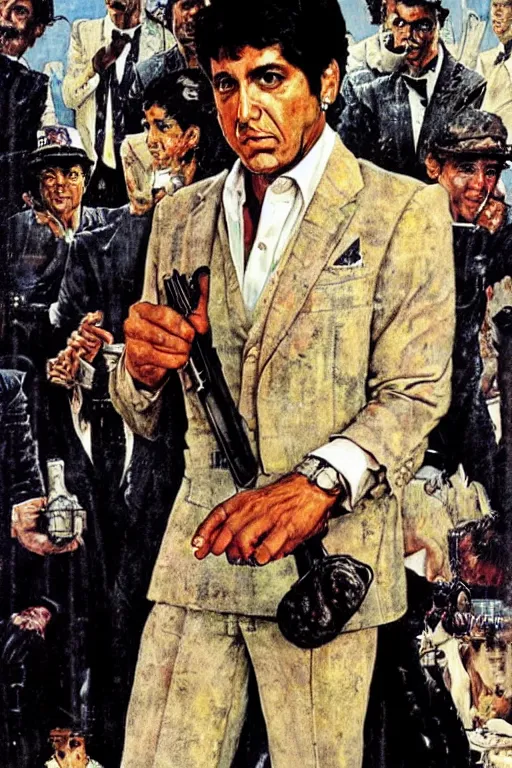 Image similar to Tony Montana from Scarface painted by Norman Rockwell