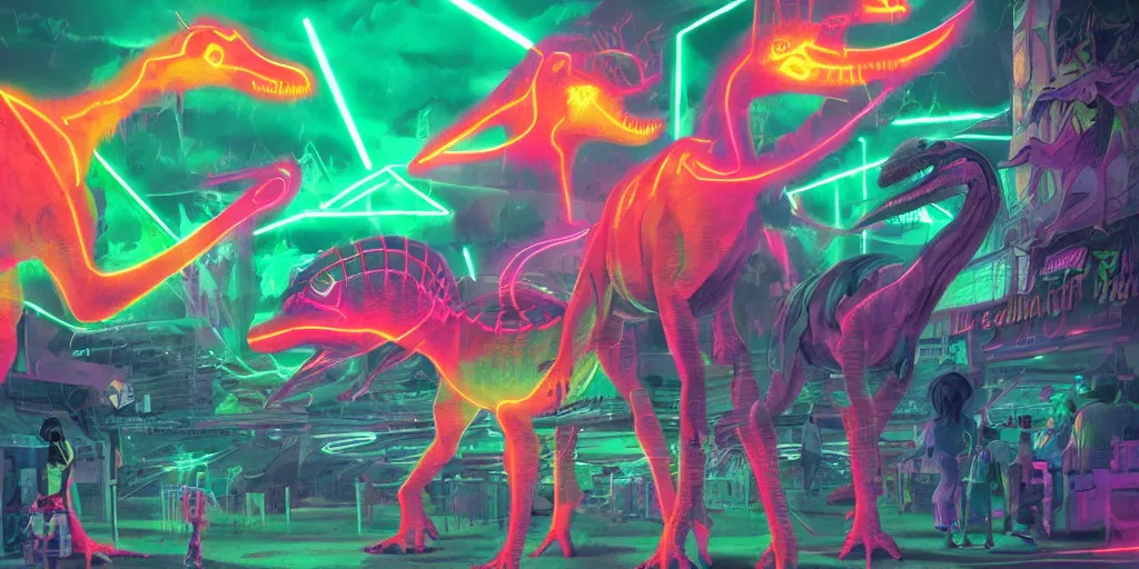 Image similar to neon laser dinosaurs at the county fair by makoto shinkai