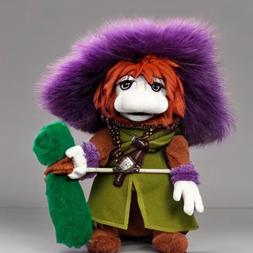 Image similar to dungeons and dragons foxfolk wizard druid as a chibi muppet plush wearing a wizard cloak and holding a staff with an amethyst at the top, photorealistic, photography, national geographic, sesame street