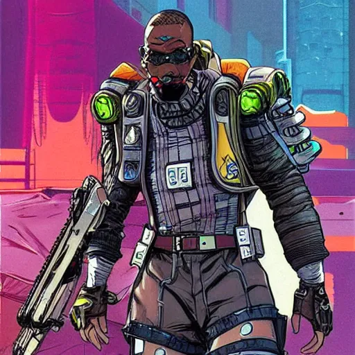 Image similar to Gregory. Apex legends cyberpunk wrestler. Concept art by James Gurney and Mœbius.