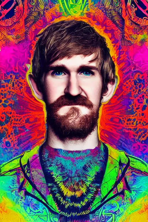 Image similar to inspirational style hope poster of bo burnham with beard, psychedelic colors, highly detailed, realistic, loving, beautiful composition