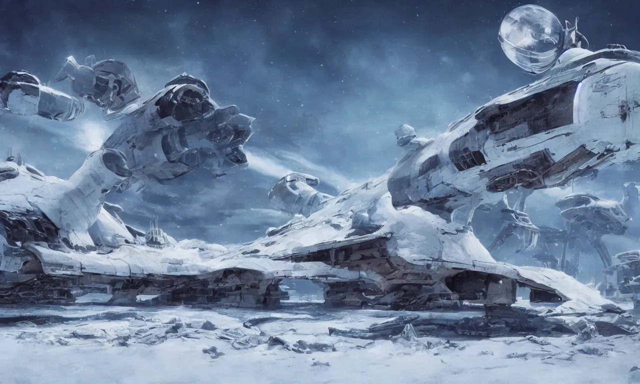 Image similar to remains of a derelict spaceship covered in snow on a frozen alien world, science-fiction, cinematic lighting, cinematic angle, Syd Mead, Federico Pelat, daylight, blue sky, spaceship in the sky