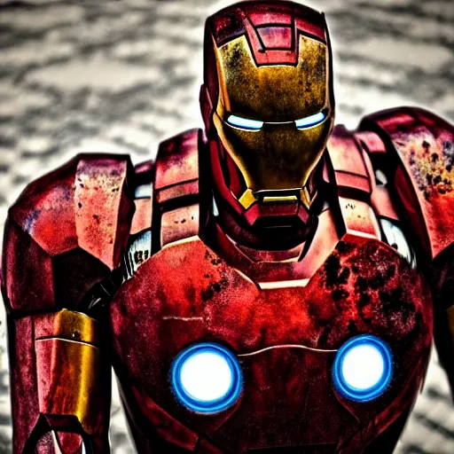 Image similar to photorealistic shot 50mm , full body, stained and rusted heavily dented iron man suite, HDR color, metal oxide texture