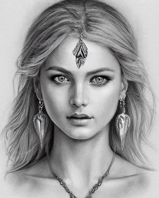 Image similar to pencil drawing of a beautiful greek goddess aphrodite with arrowhead earrings, beautiful piercing eyes, beautiful blonde hair, hyper realistic face, in the style of greg rutkowski, fantasy, amazing detail, epic, elegant, smooth, sharp focus, from the front