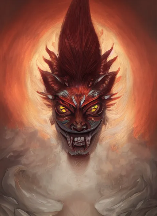 Prompt: a beautiful detailed oil on copper art illustration of a japanese oni kitsune mask devil woman, centered, by charlie bowater, zeng fanzh, trending on artstation, dim dusk lighting, cinematic lighting, detailed lighting, volumetric lighting, realistic, f 8, 4 k hd wallpaper