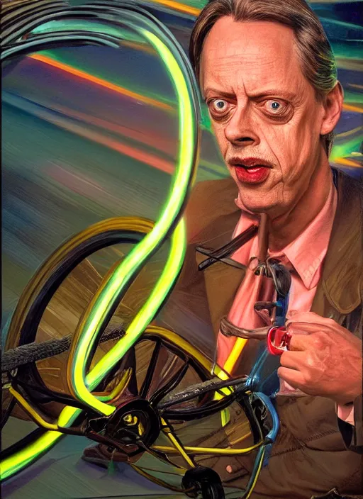 Image similar to hyperrealism steve buscemi riding a tricycle, light effect, hyper detailed, claymation, cartoon, detailed, realistic materials, sharp focus, synthwave, neon, modern