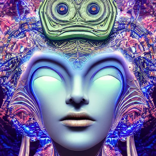 Image similar to Face of a Alien Deity, centered, corals, plume made of geometry, extremly detailed digital painting, sharp focus in the style of android jones, artwork of a futuristic artificial intelligence superstar with frames made of detailed circuits, mystical colors, rim light, beautiful lighting, 8k, stunning scene, raytracing, octane, under water visual distortion, dark tones colors, trending on artstation